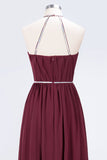 Chic Burgundy Halter Long Backless Bridesmaid Dress with Beadings