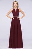 Chic Burgundy Halter Long Backless Bridesmaid Dress with Beadings