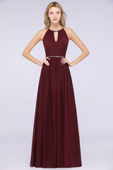 Chic Burgundy Halter Long Backless Bridesmaid Dress with Beadings