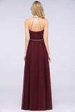 Chic Burgundy Halter Long Backless Bridesmaid Dress with Beadings