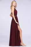 Chic Burgundy Halter Long Backless Bridesmaid Dress with Beadings