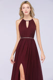 Chic Burgundy Halter Long Backless Bridesmaid Dress with Beadings