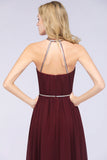 Chic Burgundy Halter Long Backless Bridesmaid Dress with Beadings