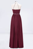 Chic Burgundy Halter Long Backless Bridesmaid Dress with Beadings