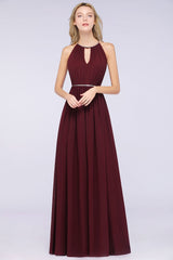 Chic Burgundy Halter Long Backless Bridesmaid Dress with Beadings