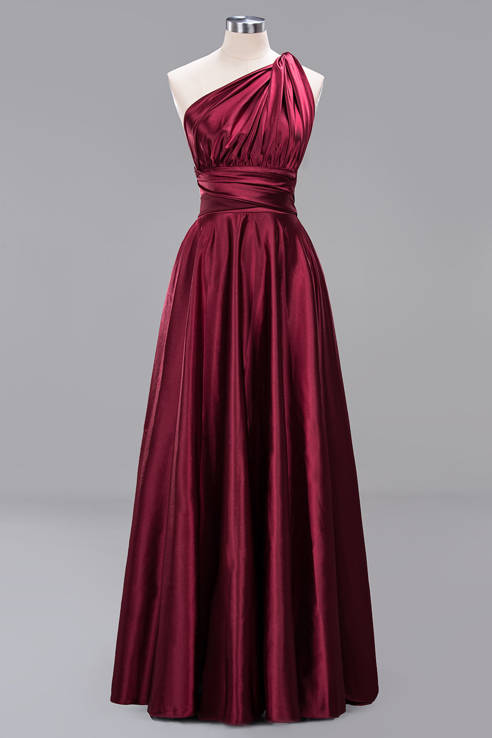 Chic Burgundy Satin Long Bridesmaid Dresses With One Shoulder