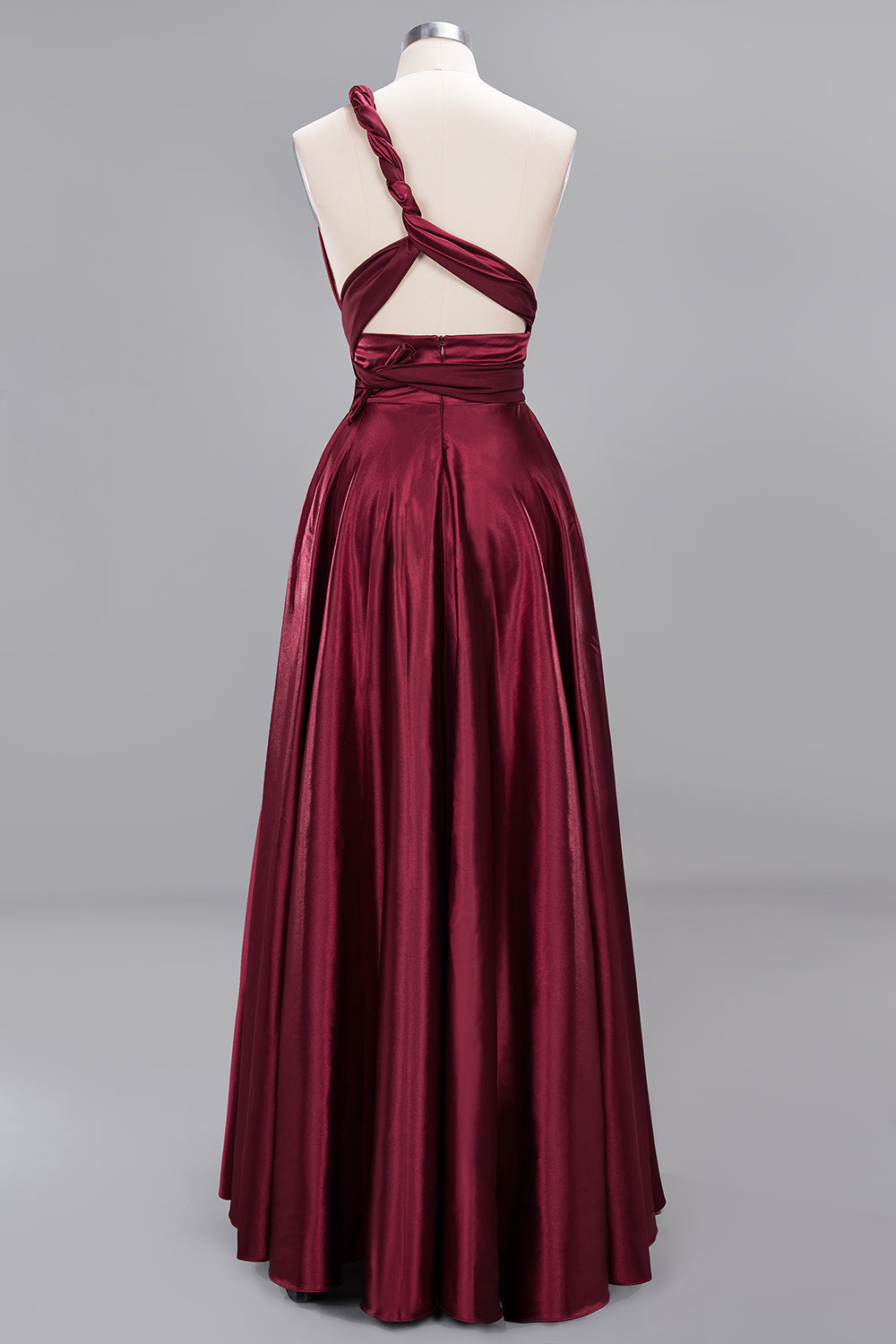 Chic Burgundy Satin Long Bridesmaid Dresses With One Shoulder