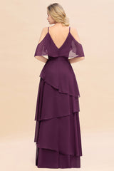 Chic Cold-Shoulder Layers Grape Chiffon Bridesmaid Dress Affordable