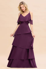 Chic Cold-Shoulder Layers Grape Chiffon Bridesmaid Dress Affordable