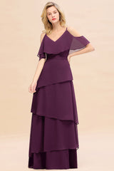 Chic Cold-Shoulder Layers Grape Chiffon Bridesmaid Dress Affordable