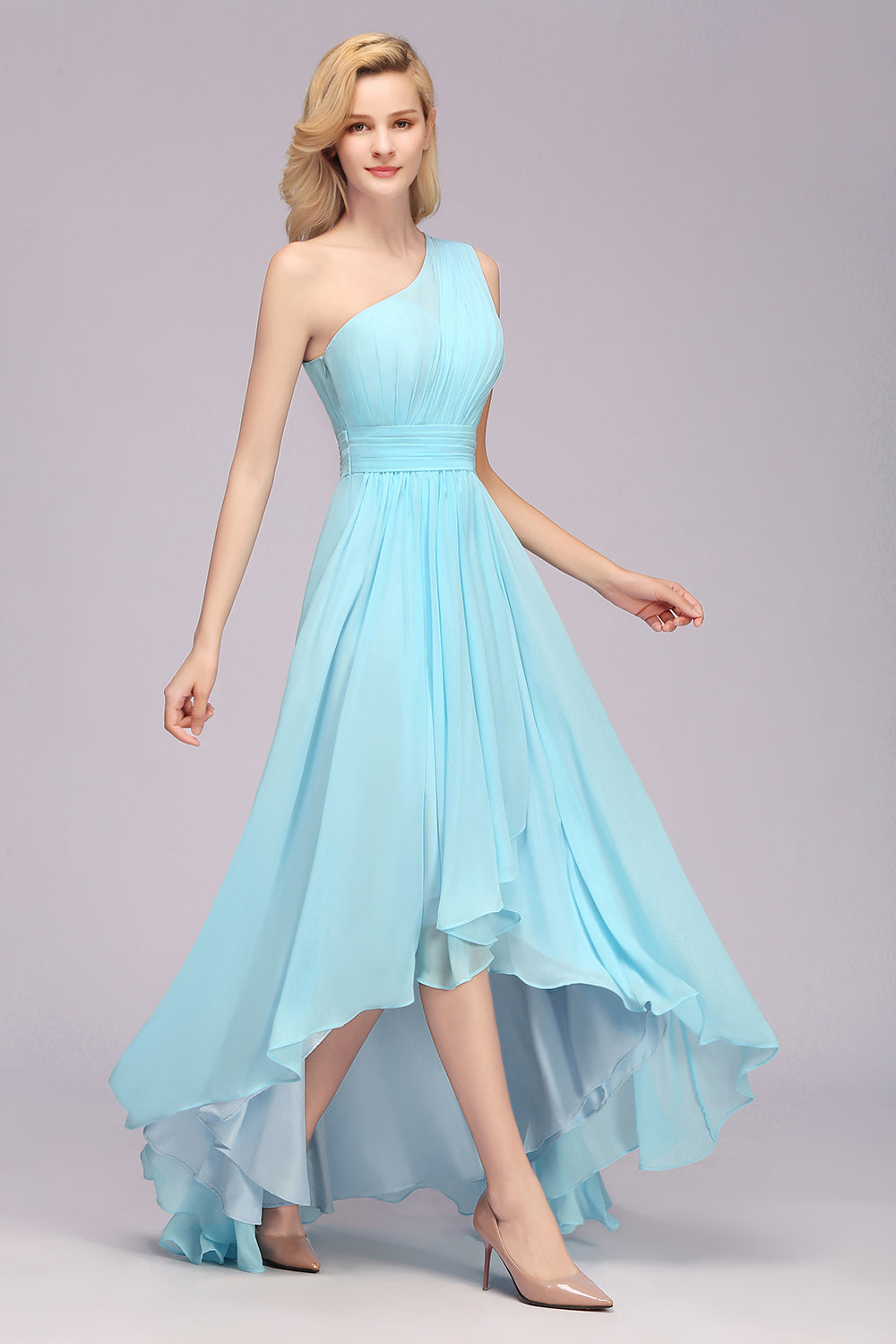 Chic Hi-Lo One Shoulder Ruffle Affordable Bridesmaid Dress Affordable
