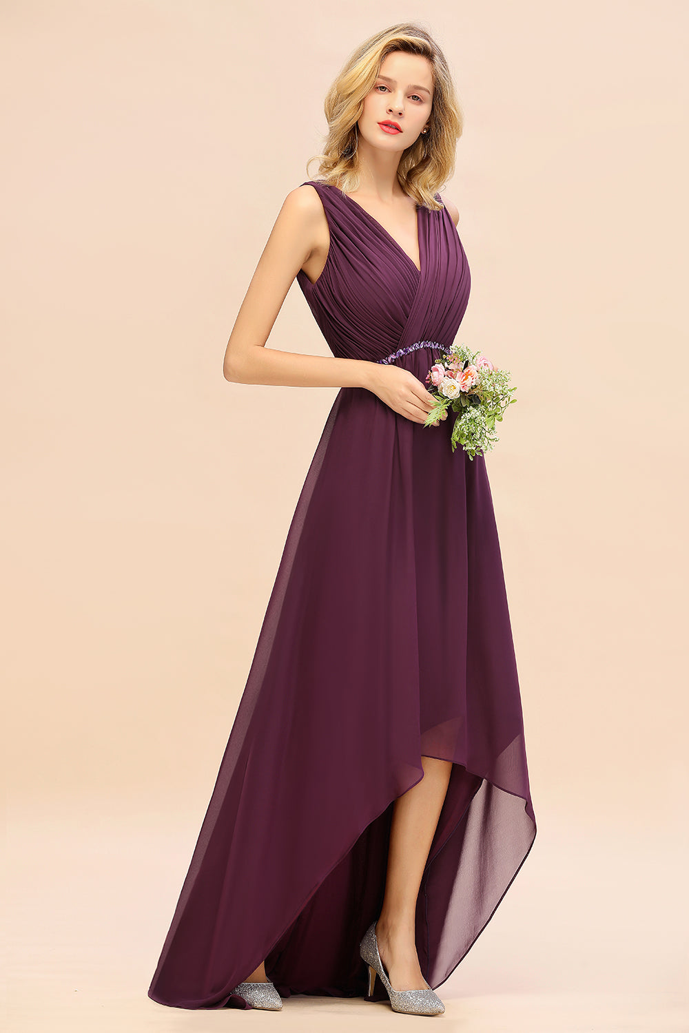 Chic Hi-Lo V Neck Ruffle Bridesmaid Dress with Beading Sash