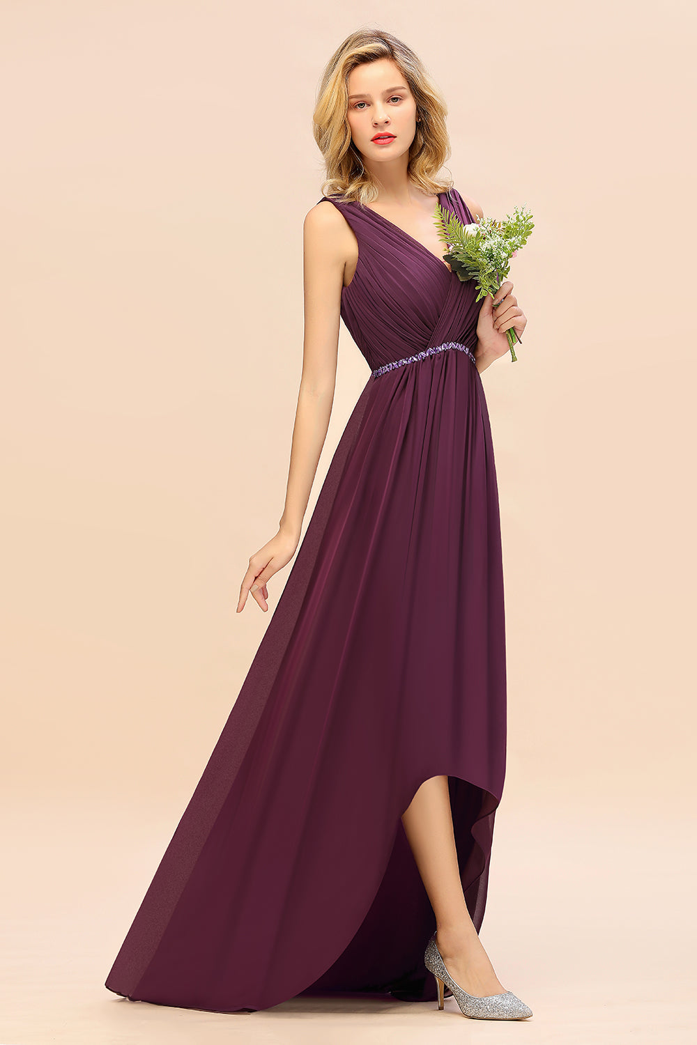 Chic Hi-Lo V Neck Ruffle Bridesmaid Dress with Beading Sash