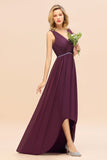 Chic Hi-Lo V Neck Ruffle Bridesmaid Dress with Beading Sash