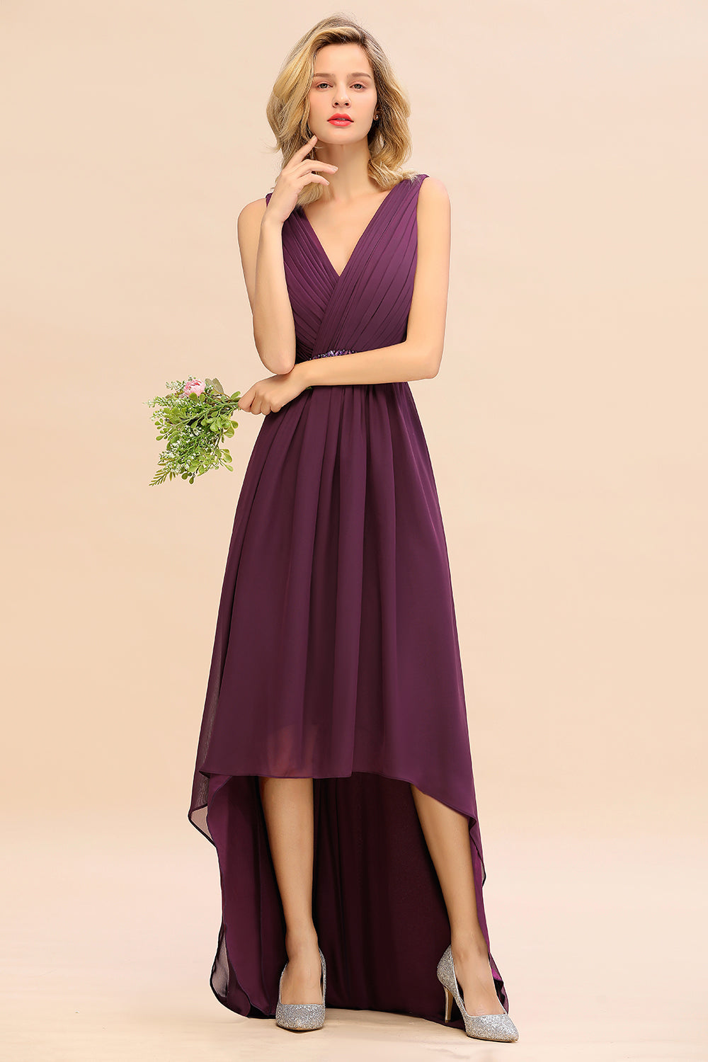 Chic Hi-Lo V Neck Ruffle Bridesmaid Dress with Beading Sash