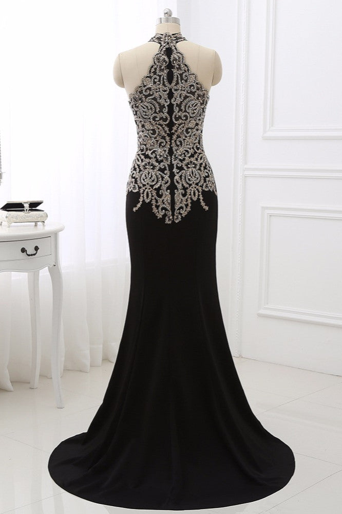 Chic High-Neck Sleeveless Black Mermaid Prom Dresses with Appliques Beadings