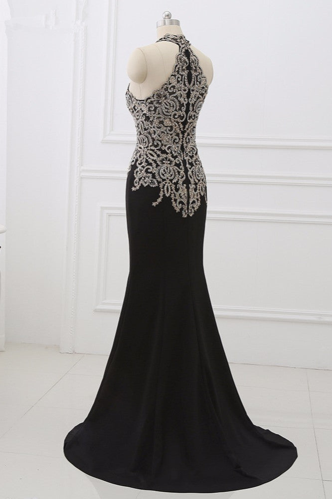 Chic High-Neck Sleeveless Black Mermaid Prom Dresses with Appliques Beadings