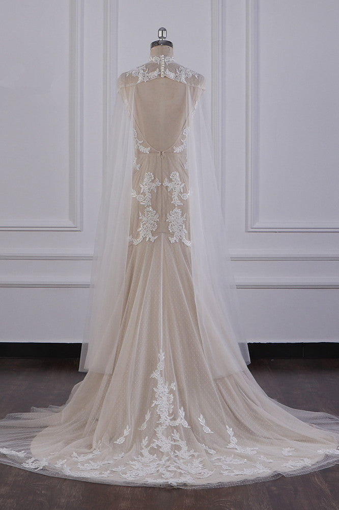 Chic High-Neck Tulle Champagne Wedding Dress Mermaid Sleeveless Appliques Bridal Gowns Online