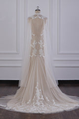 Chic High-Neck Tulle Champagne Wedding Dress Mermaid Sleeveless Appliques Bridal Gowns Online