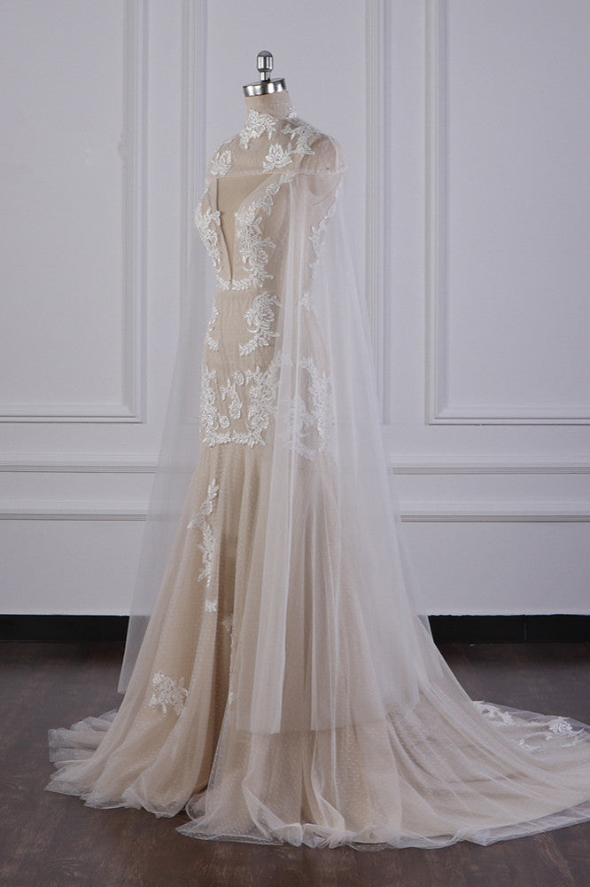 Chic High-Neck Tulle Champagne Wedding Dress Mermaid Sleeveless Appliques Bridal Gowns Online