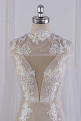 Chic High-Neck Tulle Champagne Wedding Dress Mermaid Sleeveless Appliques Bridal Gowns Online