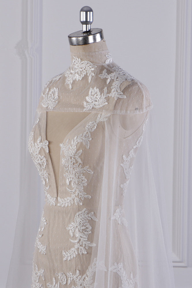 Chic High-Neck Tulle Champagne Wedding Dress Mermaid Sleeveless Appliques Bridal Gowns Online