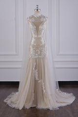 Chic High-Neck Tulle Champagne Wedding Dress Mermaid Sleeveless Appliques Bridal Gowns Online