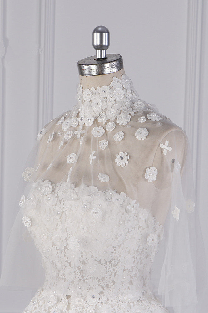 Chic High-Neck Tulle Lace Wedding Dress Appliques Beadings Long Sleeves Bridal Gowns On Sale