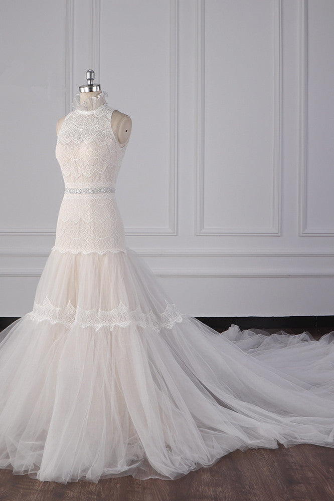 Chic High-Neck Tulle Lace Wedding Dress Appliques Sleeveless Bridal Gowns with Beading Sashes Online