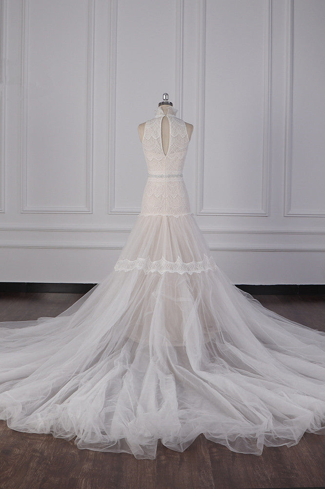 Chic High-Neck Tulle Lace Wedding Dress Appliques Sleeveless Bridal Gowns with Beading Sashes Online