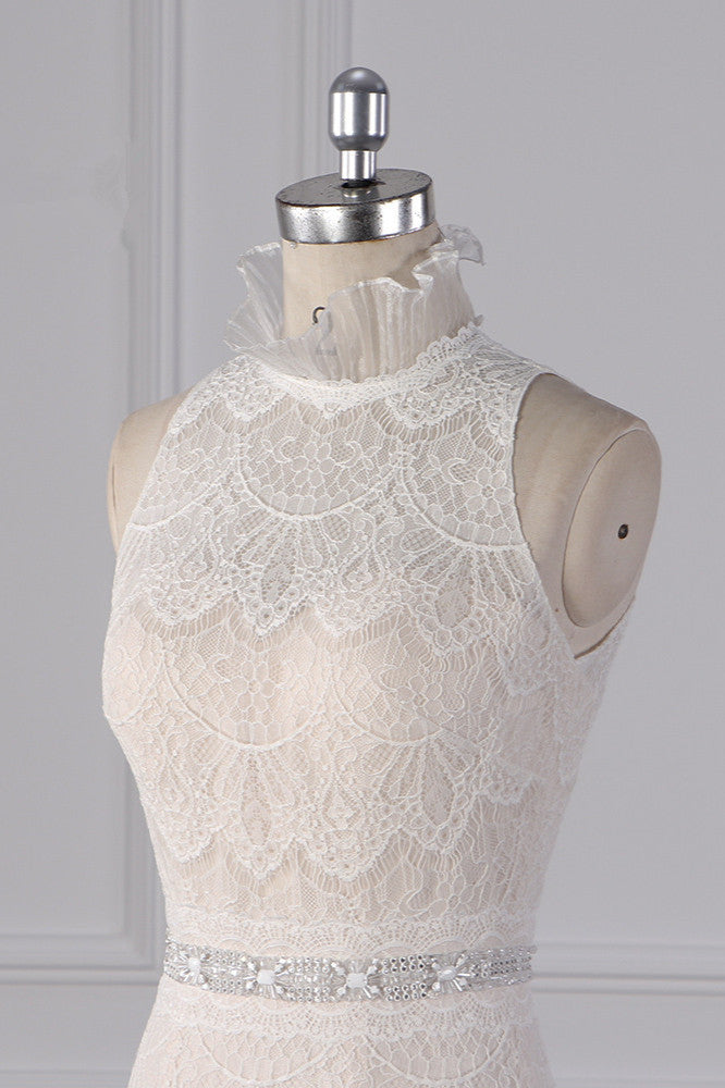 Chic High-Neck Tulle Lace Wedding Dress Appliques Sleeveless Bridal Gowns with Beading Sashes Online