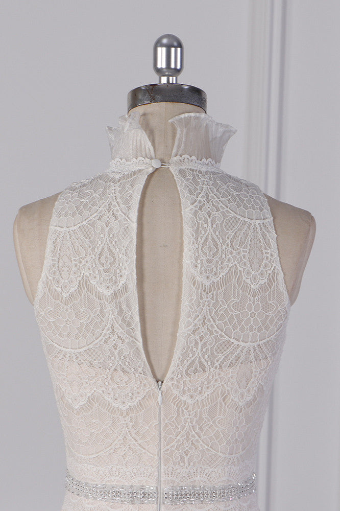 Chic High-Neck Tulle Lace Wedding Dress Appliques Sleeveless Bridal Gowns with Beading Sashes Online