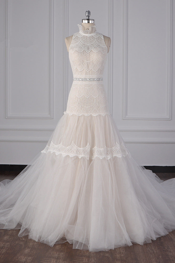 Chic High-Neck Tulle Lace Wedding Dress Appliques Sleeveless Bridal Gowns with Beading Sashes Online