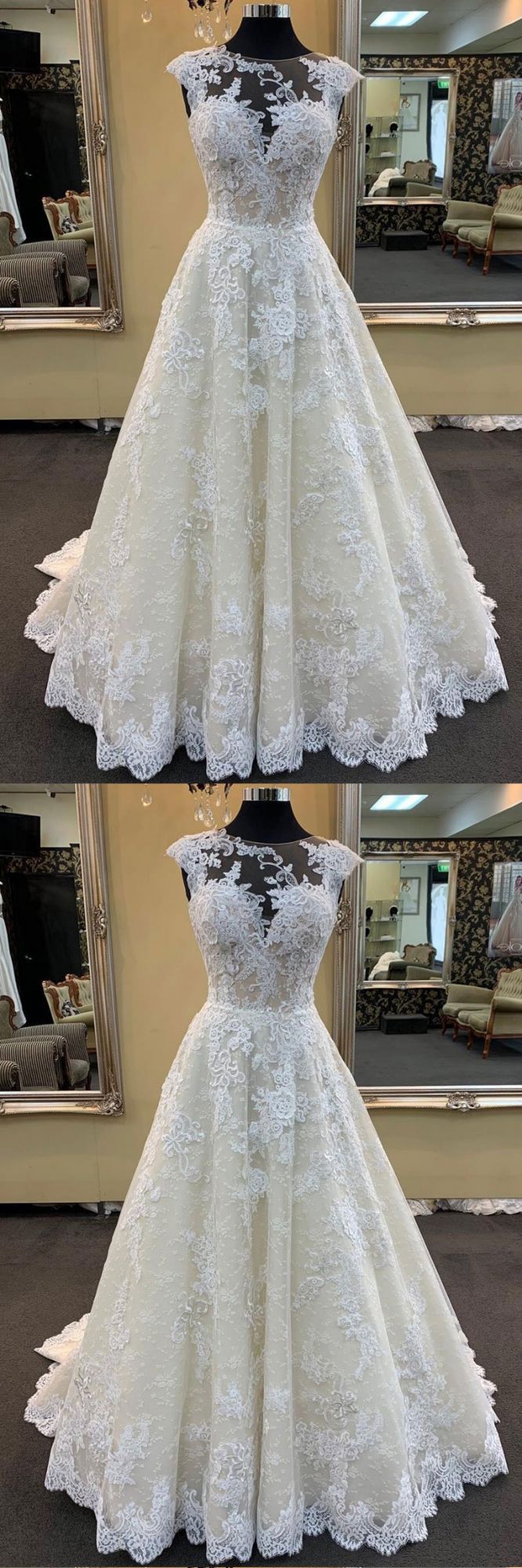 Chic Ivory Lace Round Neck Long Wedding Dress Cap Sleeve Sweep Train Bridal Gowns On Sale