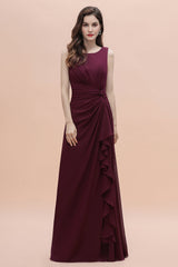 Chic Jewel Cabernet Chiffon Ruffles Bridesmaid Dress with Slit On Sale