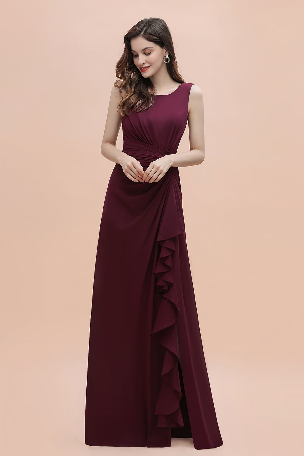 Chic Jewel Cabernet Chiffon Ruffles Bridesmaid Dress with Slit On Sale