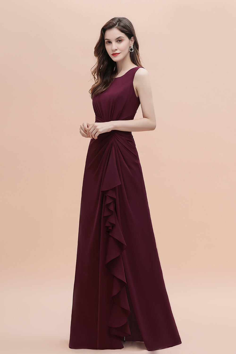 Chic Jewel Cabernet Chiffon Ruffles Bridesmaid Dress with Slit On Sale