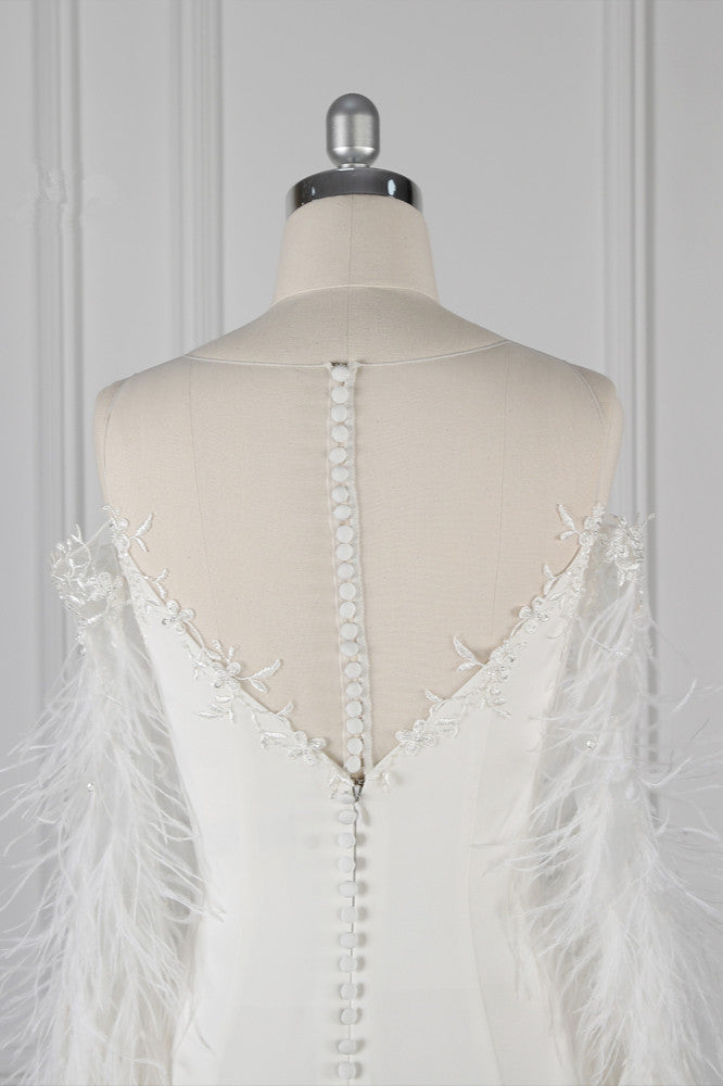 Chic Jewel Sleeveless White Chiffon Wedding Dress Mermaid Appliques Bridal Gowns with Fur Onsale