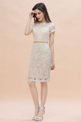 Chic Jewel Tulle Lace Beadings Mother of Bride Dress with Short Sleeves Online