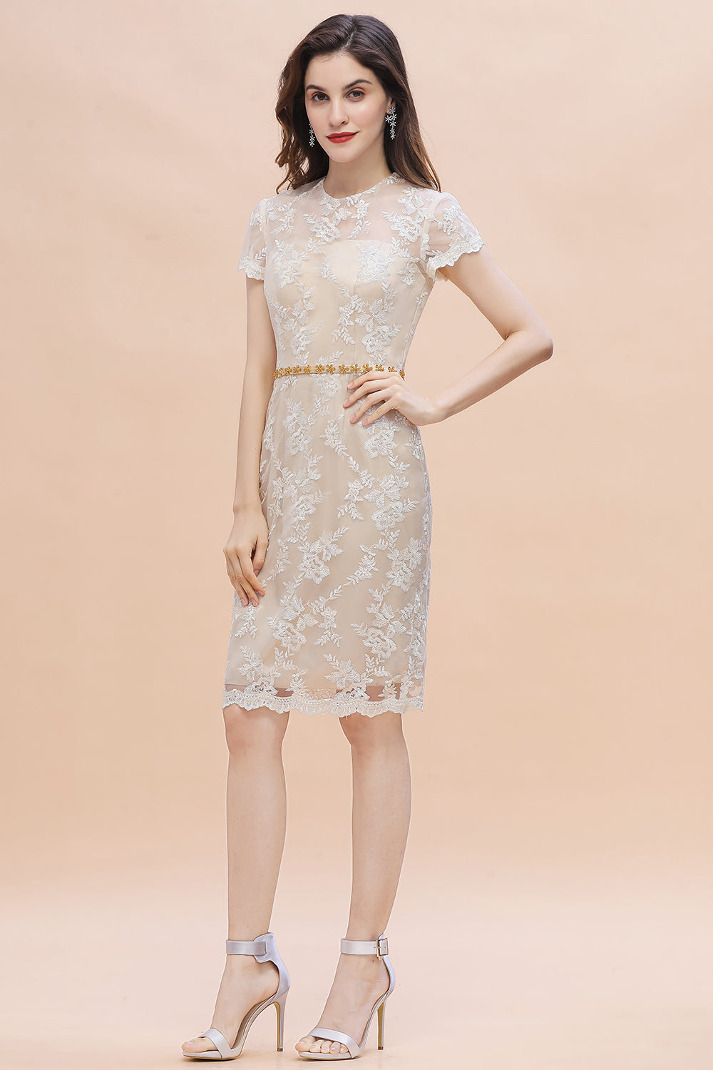 Chic Jewel Tulle Lace Beadings Mother of Bride Dress with Short Sleeves Online