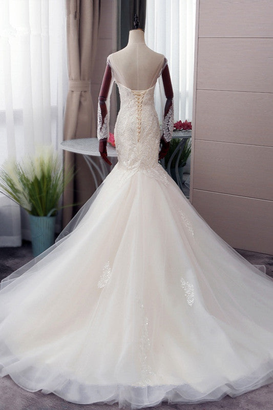 Chic Jewel Tulle Mermaid Lace Wedding Dress Pearls Appliques Long Sleeves Bridal Gowns Online