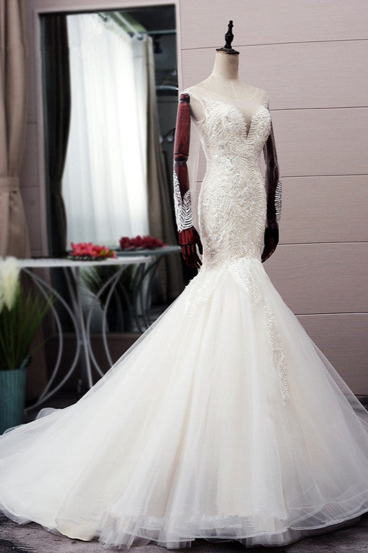 Chic Jewel Tulle Mermaid Lace Wedding Dress Pearls Appliques Long Sleeves Bridal Gowns Online