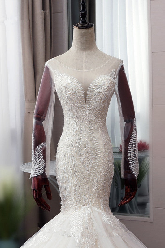 Chic Jewel Tulle Mermaid Lace Wedding Dress Pearls Appliques Long Sleeves Bridal Gowns Online