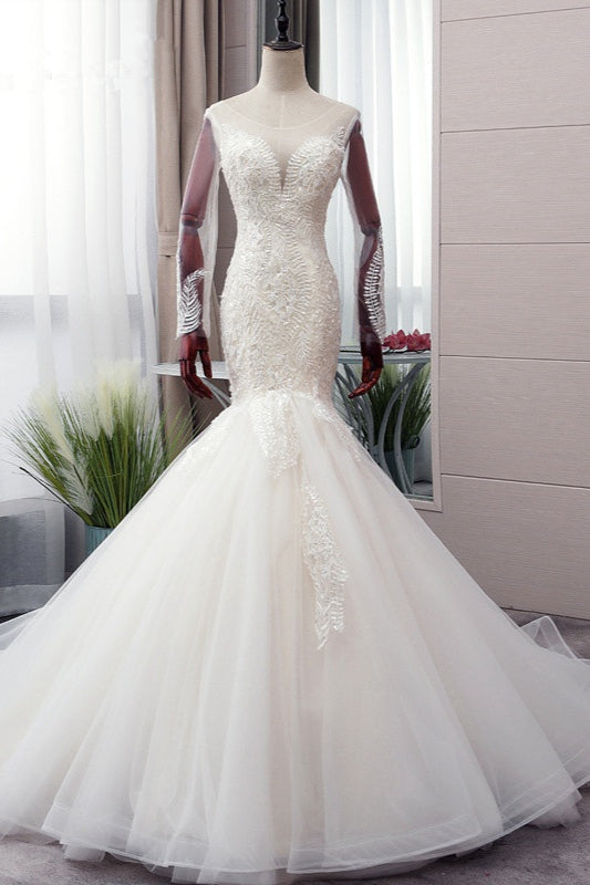 Chic Jewel Tulle Mermaid Lace Wedding Dress Pearls Appliques Long Sleeves Bridal Gowns Online