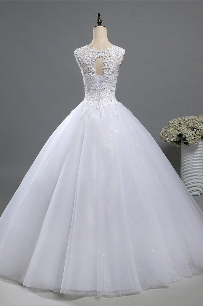 Chic Jewel Tulle Sequined Wedding Dress Sleeveless Appliques Beadings Bridal Gowns On Sale