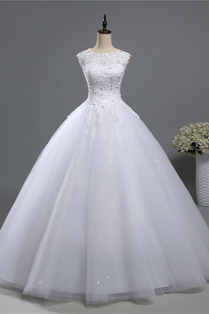 Chic Jewel Tulle Sequined Wedding Dress Sleeveless Appliques Beadings Bridal Gowns On Sale