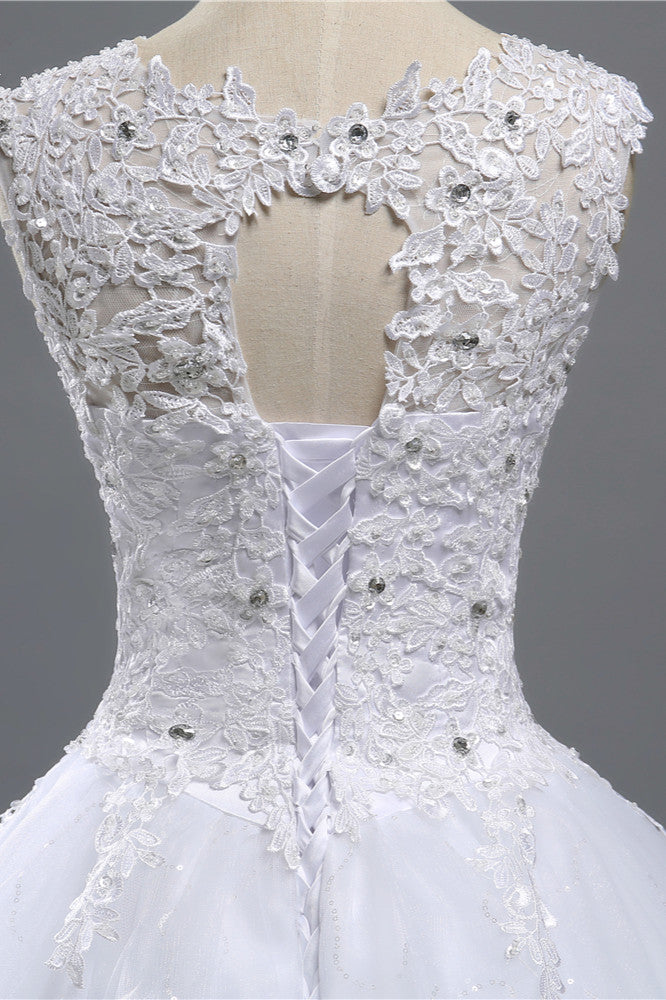 Chic Jewel Tulle Sequined Wedding Dress Sleeveless Appliques Beadings Bridal Gowns On Sale