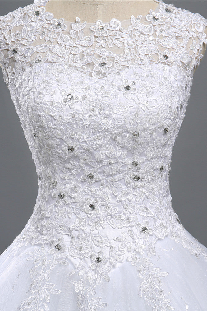Chic Jewel Tulle Sequined Wedding Dress Sleeveless Appliques Beadings Bridal Gowns On Sale