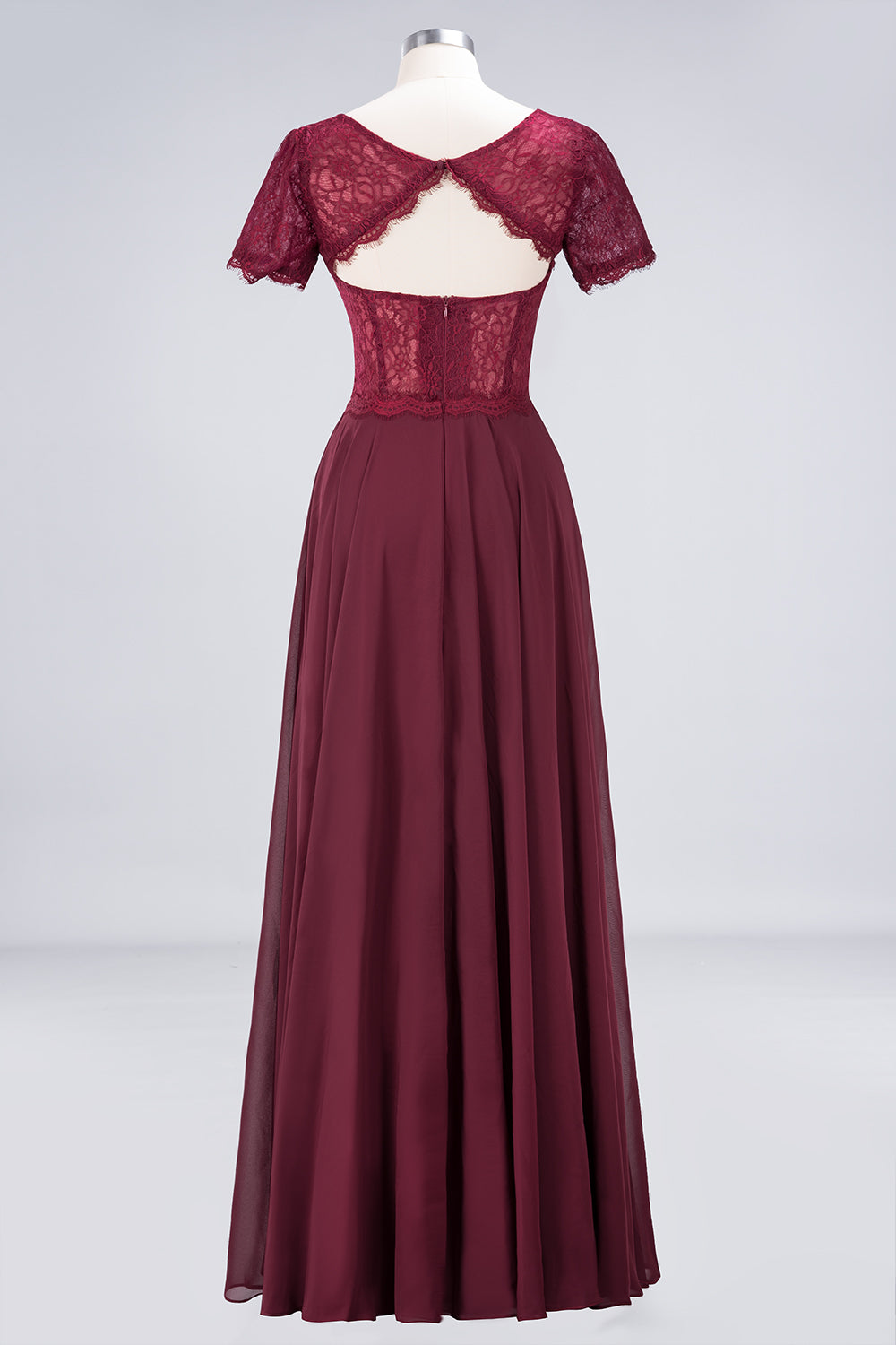 Chic Lace Long Burgundy Backless Bridesmaid Dresses With Short-Sleeves Newinlook Chic Lace Long Burgundy Backless Bridesmaid Dresses With Short-Sleeves Newinlook