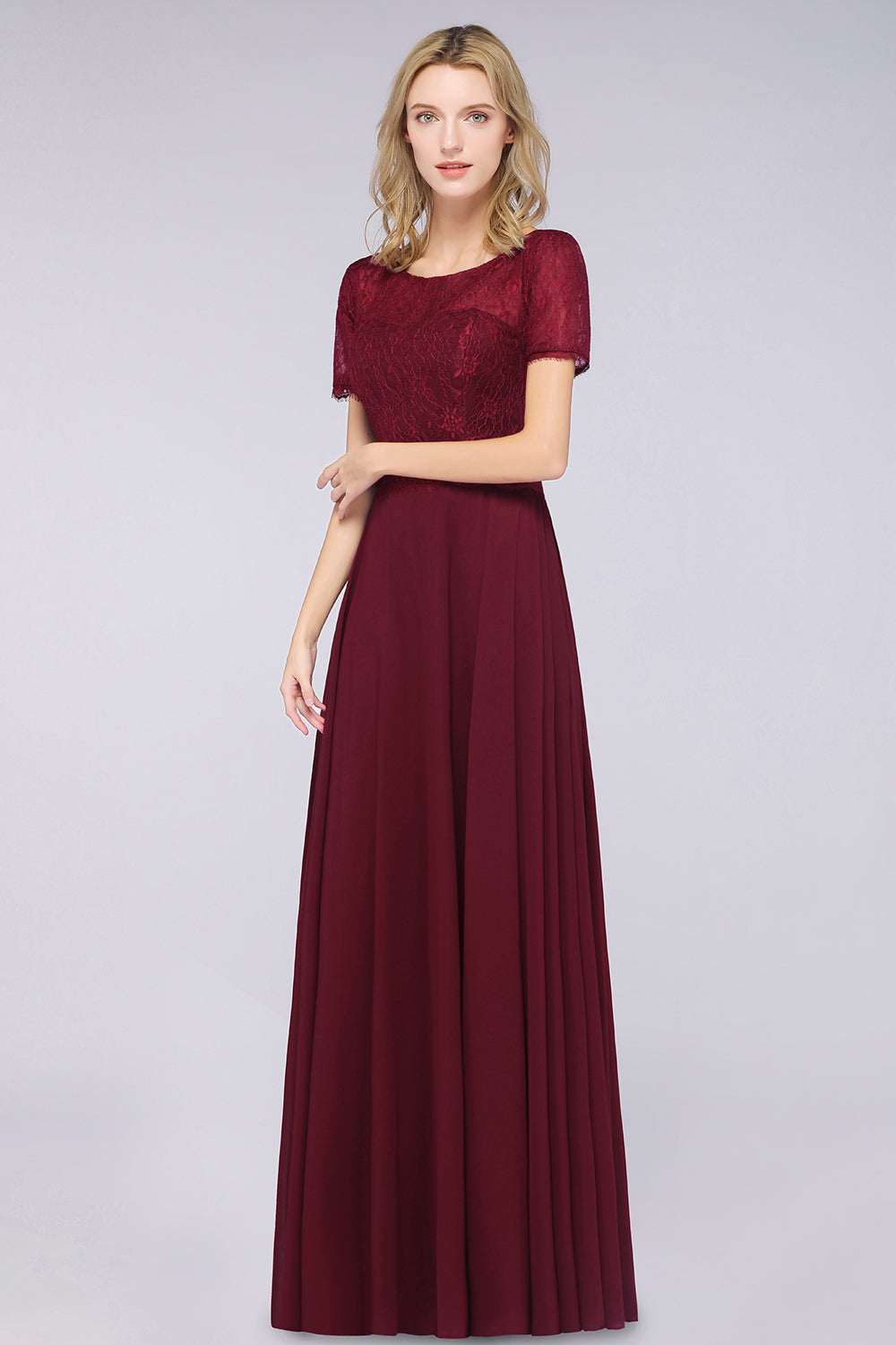 Chic Lace Long Burgundy Backless Bridesmaid Dress With Short-Sleeves
